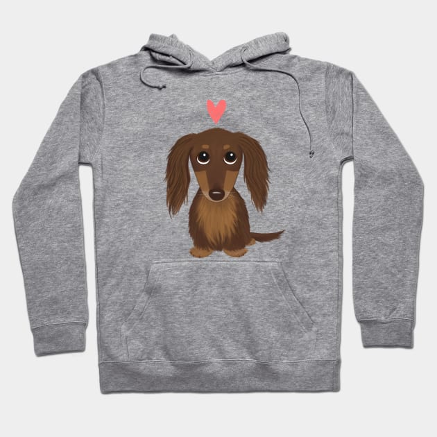 Longhaired Chocolate Dachshund | Cute Wiener Dog with Heart Hoodie by Coffee Squirrel